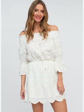 Knotty St Michael’s Off-Shoulder White Lace Drawstring Mini Dress